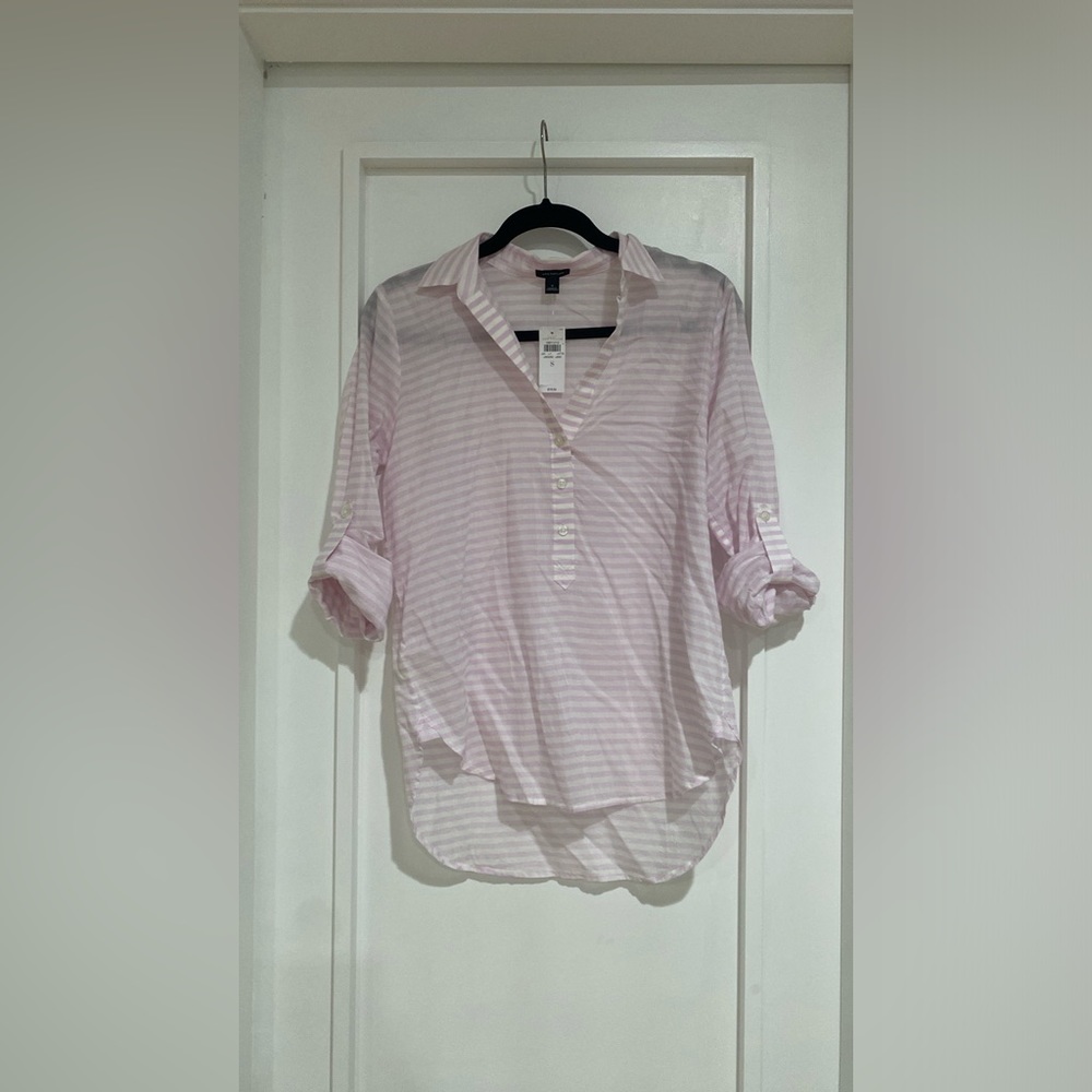 NEW Ann Taylor pink and white striped blouse with buttons and rolled up sleeves